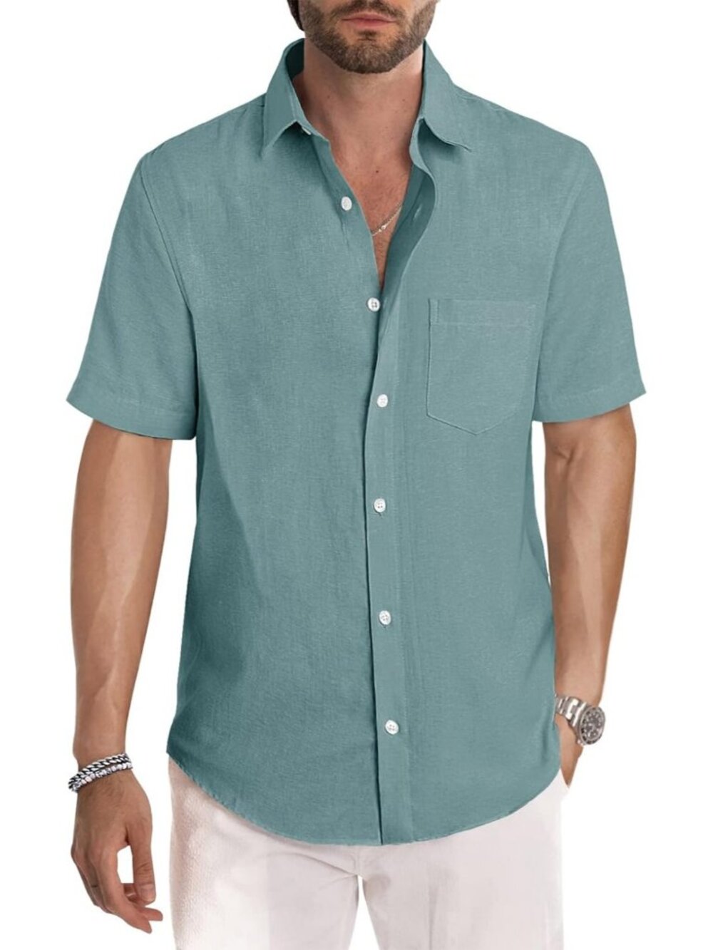 Men's Short Sleeve Green Stylish Collared Casual Beach Button Down Shirt